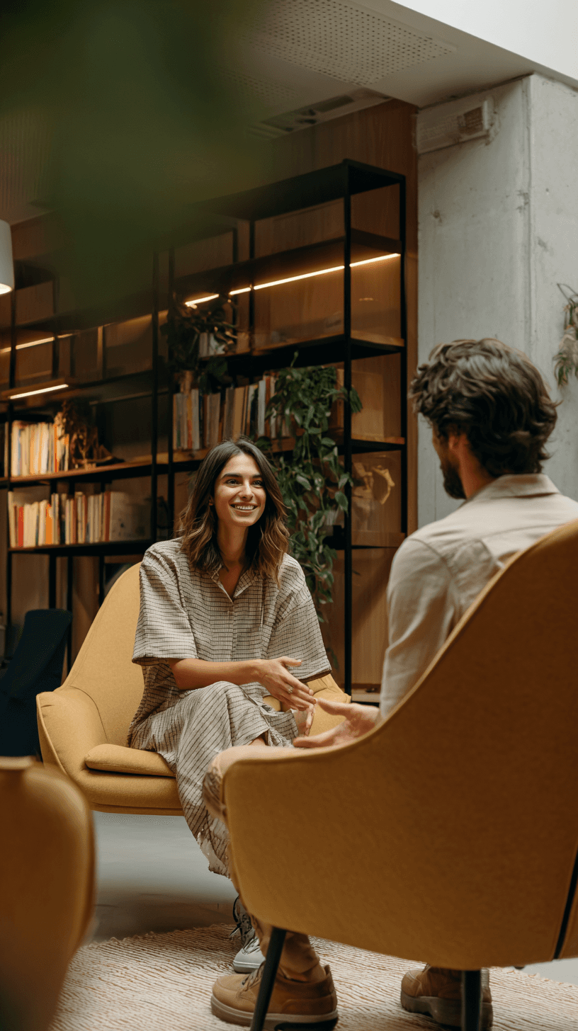 Dos personas del equipo conversando en una oficina cálida