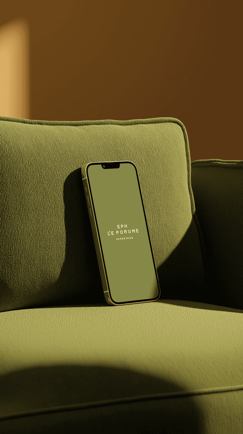 Teléfono sobre un cojín verde olivo