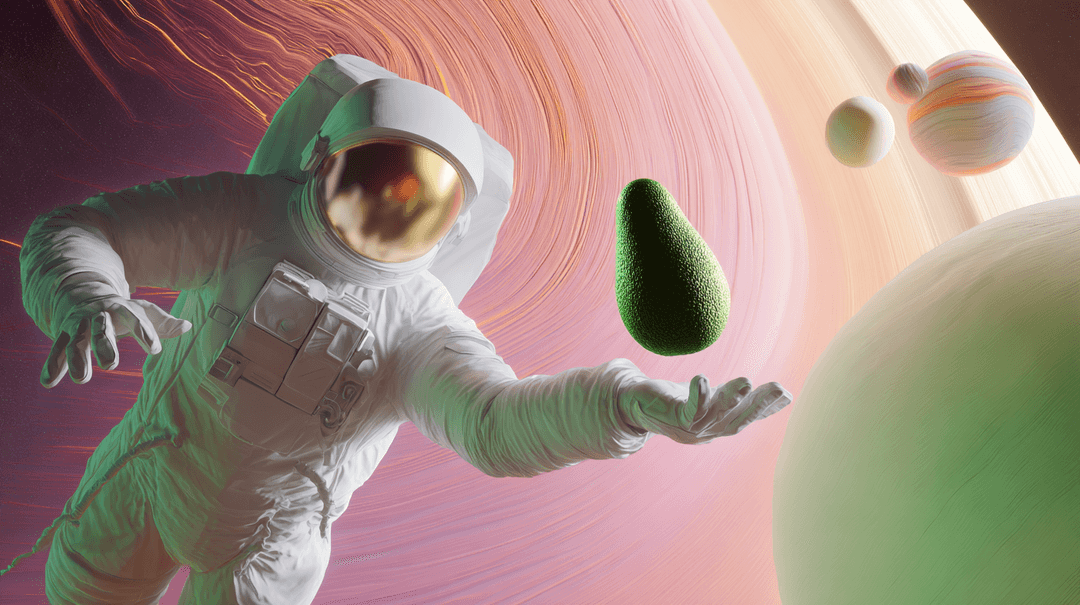 Astronauta sosteniendo un aguacate flotante en una escena cósmica rosa y verde