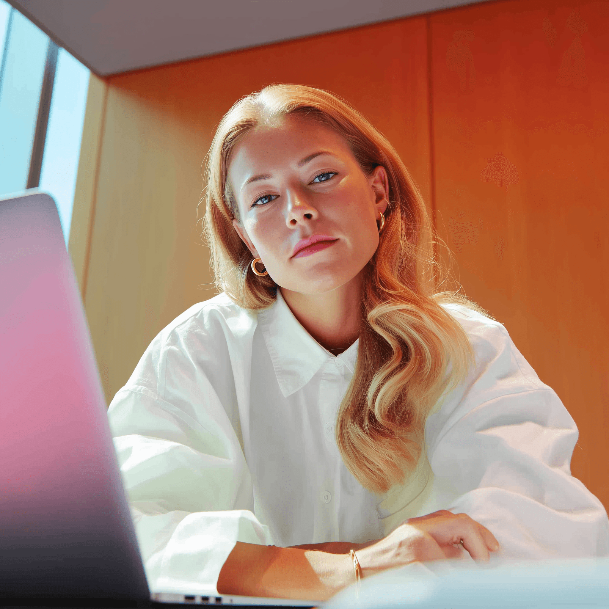 Mujer rubia con camisa blanca trabajando en una laptop sobre fondo naranja