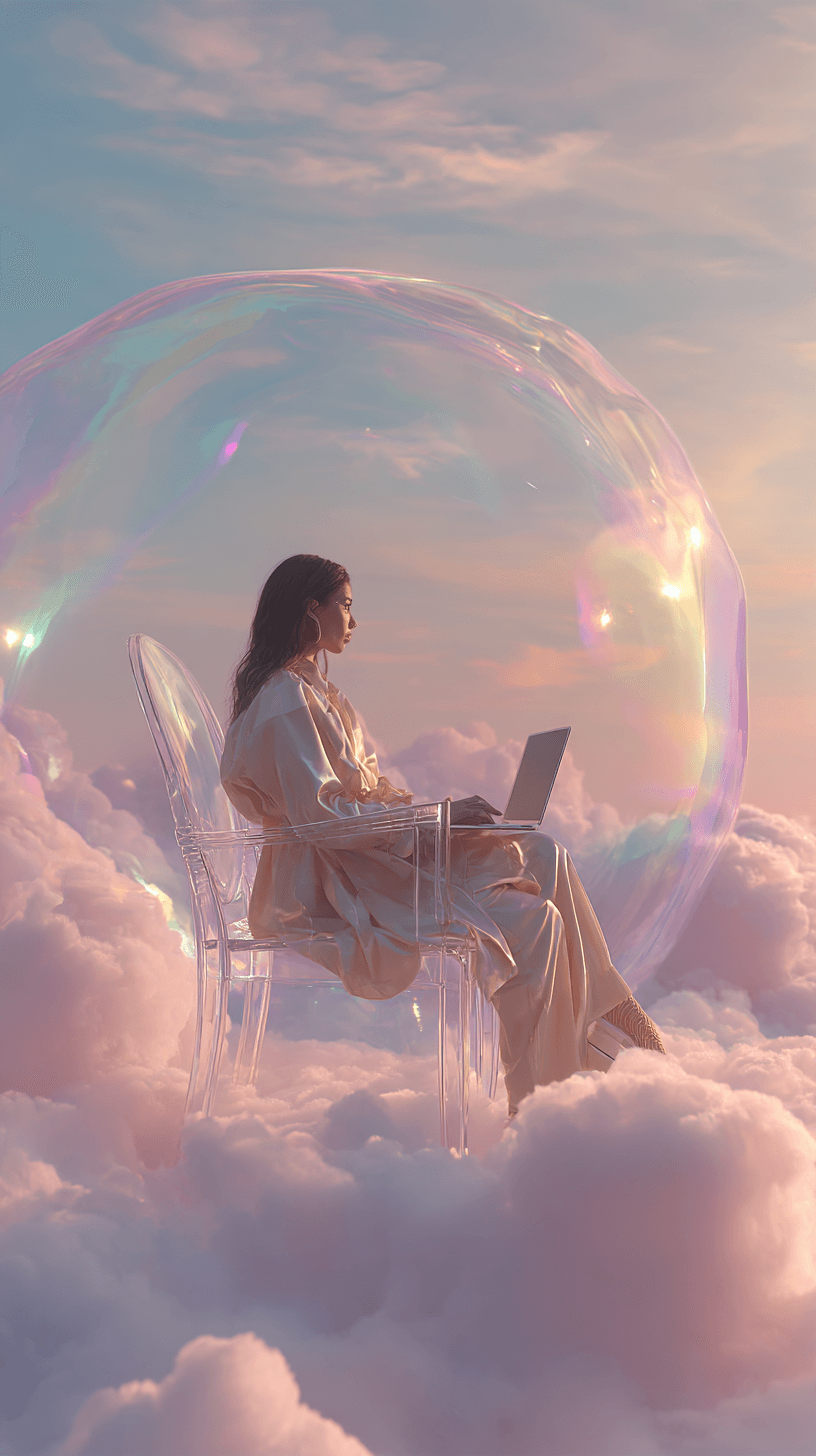 Mujer sentada sobre nubes con una laptop dentro de una burbuja iridiscente