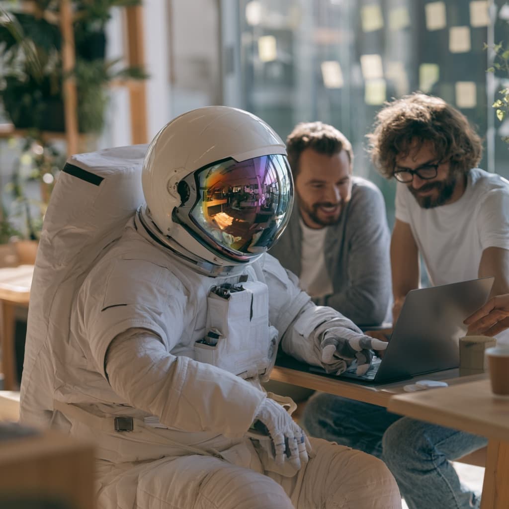 Astronauta trabajando en una laptop junto a dos personas del equipo en una oficina