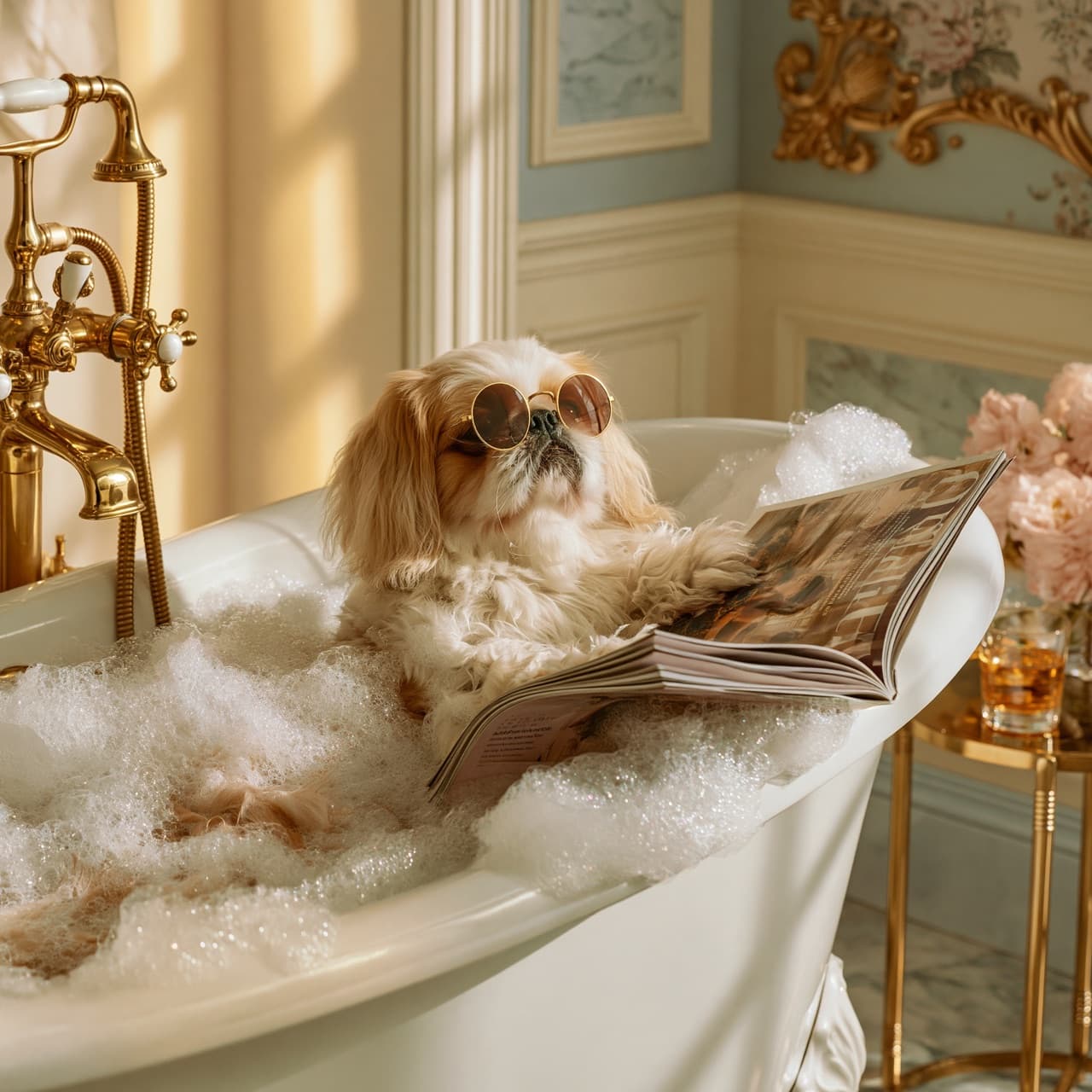 Perro consentido con lentes de sol leyendo una revista en una tina con burbujas